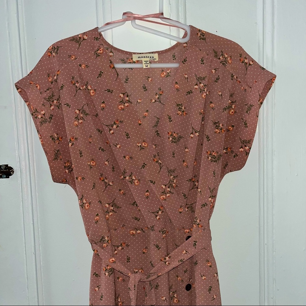 Monteau medium pink floral midi dress with waist tie